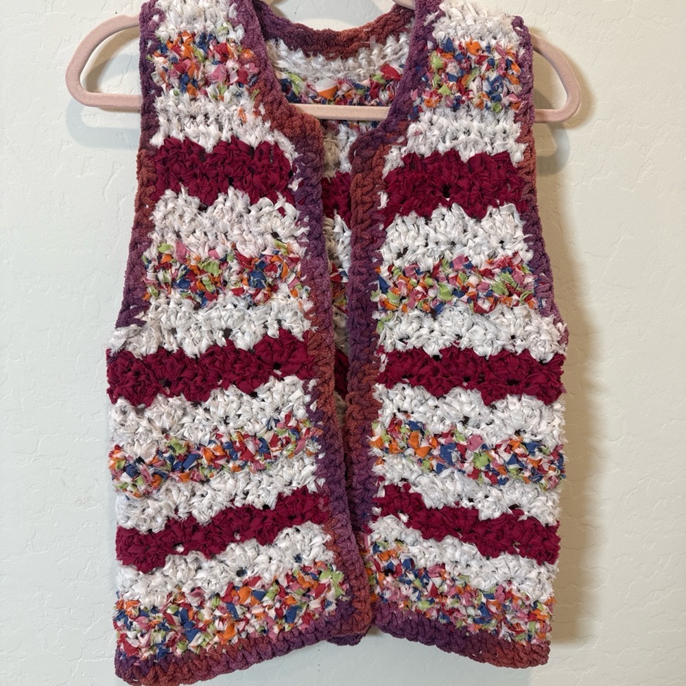 Handmade Crochet Vest in Burgundy, White & Multicolor